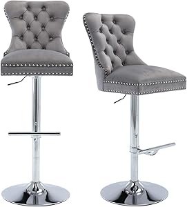 HAIQUAM Swivel Bar Stools Set of 2 Velvet Adjustable Barstool High Back Upholstered Modern Barstools Tufted Bar Stool Chairs for Dining Room/Home Bar/Kitchen, Grey