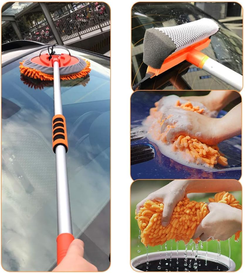 Buyplus Car Wash Brush with Long Handle - Multipurpose Car Cleaning Mop, Window Squeegee and Chenille Microfiber Mitt Set, 46in Adjustable Aluminum Long Handle, Vehicle Wash Brush Kit: Automotive