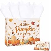 MUNILAIL 13 Inch Little Pumpkin Gift Bag with Handle Tissue Paper and Greeting Card Large A Little Pumpkin Is On The Way Gift Bag for Fall Baby Shower Gender Reveal Party Supplies