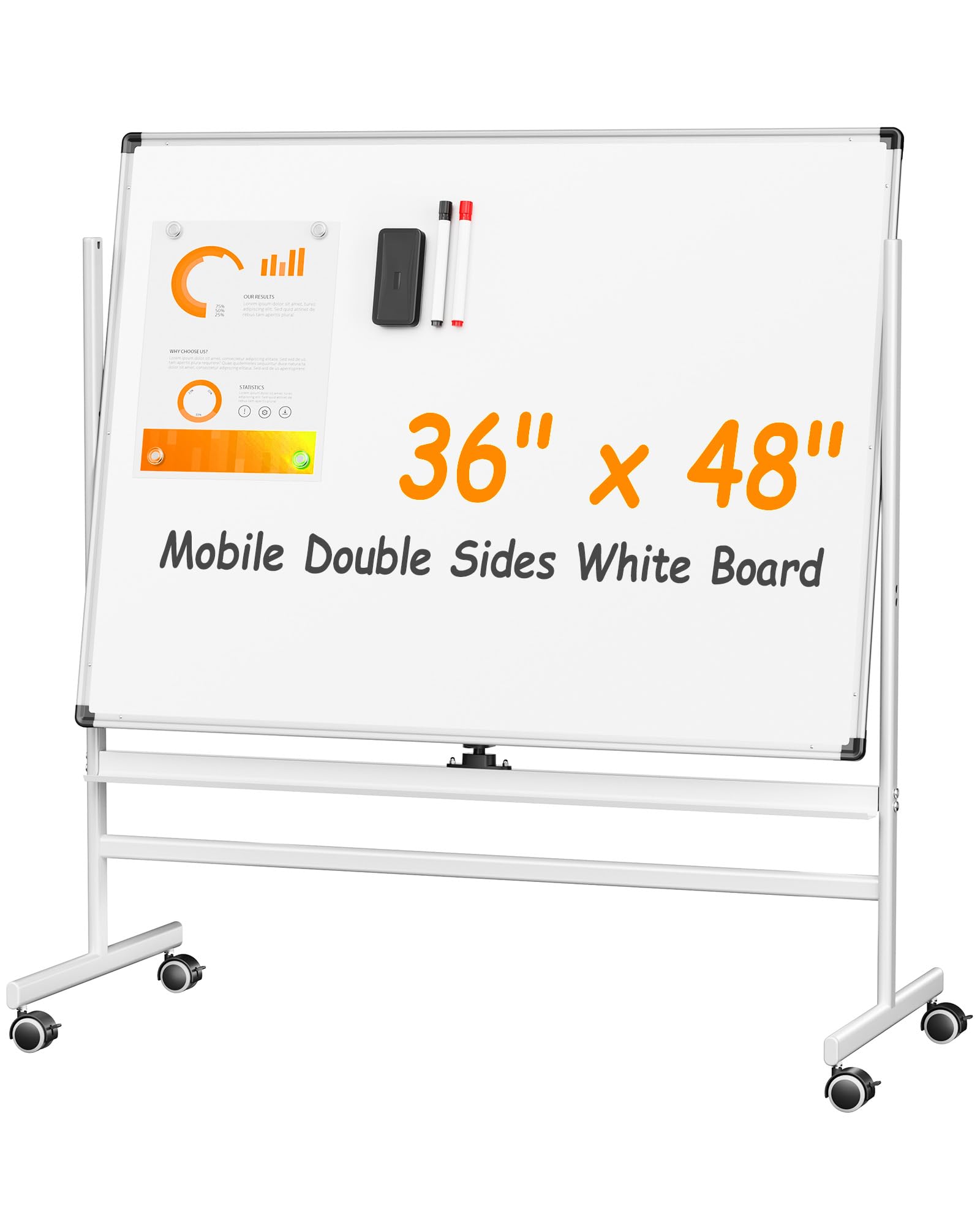 Photo 1 of ***DAMAGED -SELLING AS IS ***  VUSIGN Rolling Whiteboard, 48 x 36 Inches Double Side White Board Dry Erase on Wheels, Easy-to-Wipe White Board with Stand, Large Aluminum Frame Magnetic Whiteboard for Office, Home, School