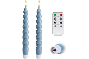 WYZworks 10" Flameless LED Taper Candles – Full Twisted Spiral – Dusty Blue, Set of 2 – Remote, 2/4/6/8-Hr Timer (24-hr Memor