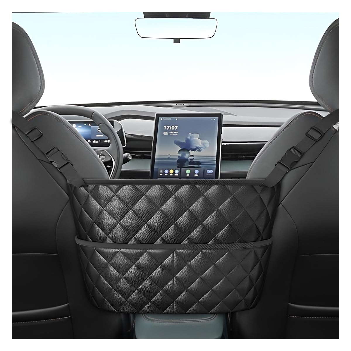 Photo 1 of *STRAP DAMAGED** UHANBUT Car Net Pocket Handbag Holder Between Seats, Large Capacity Storage Bag for Front Seats, Leather Car Organizer Backseat Barrier for Kids Pet, Handbag Organizer Pocket Car Console Purse Holder