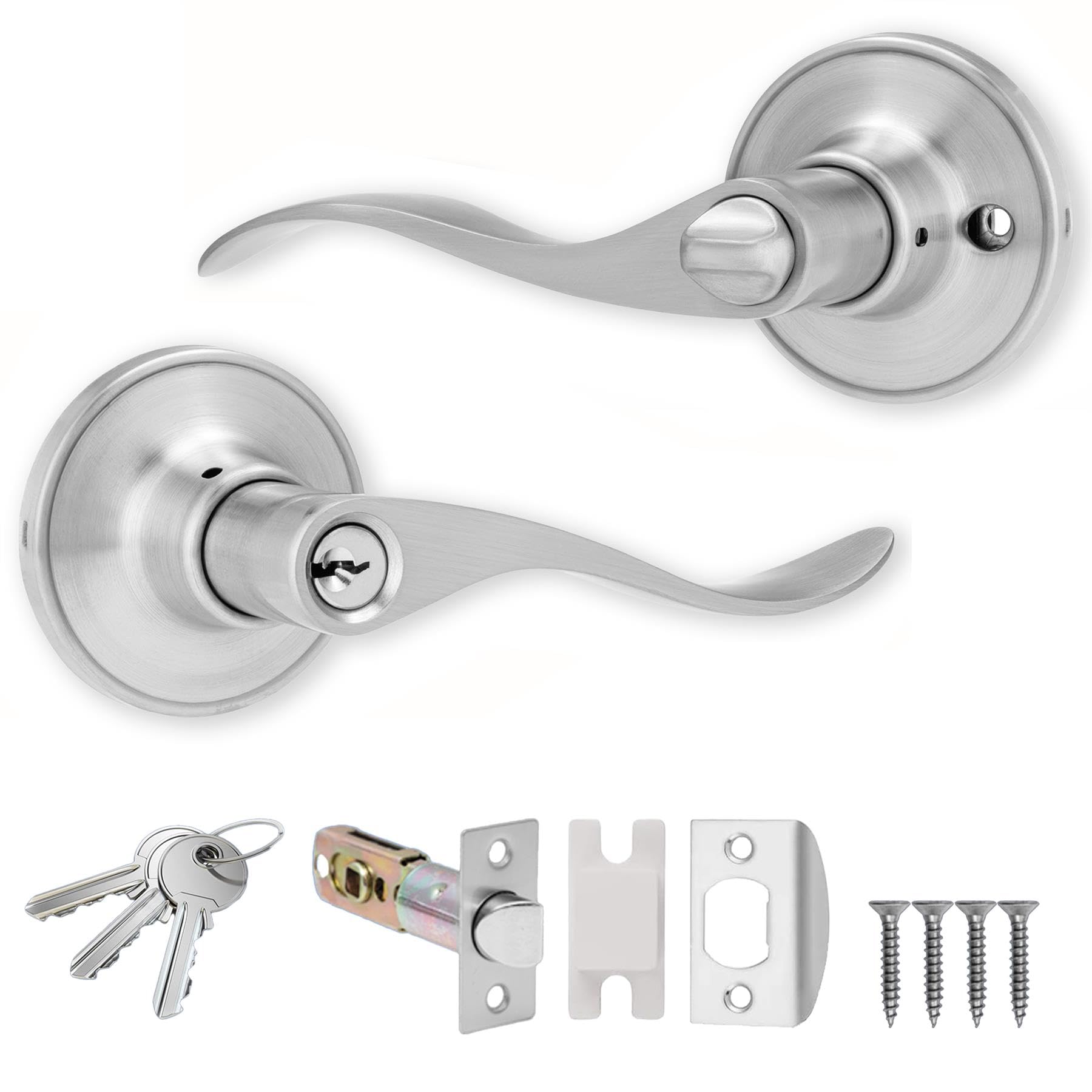 XFORT Cabriole Entrance Knob Set Satin Chrome, Door Knob with Lock for Internal Wooden Doors, Complete Set with Tubular Latch and 3 Keys.