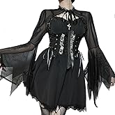 Women Goth Shrug Crop Top Lace Sheer Mesh Black Gothic Punk Fishnet Cover Up Long Sleeve Shawl Shrug Cardigan Witch Cosplay