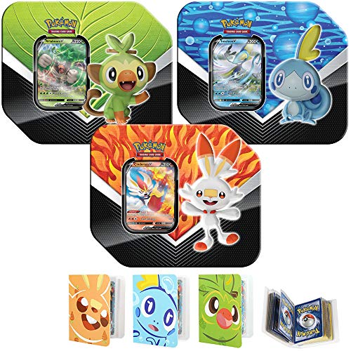 Totem World All 3 Sword & Shield Galar Partners Tin Rillaboom Cinderace Inteleon V Set with 3 Totem Mini Album Binder Grookey Scorbunny Sobble - Perfect for Pokemon Cards