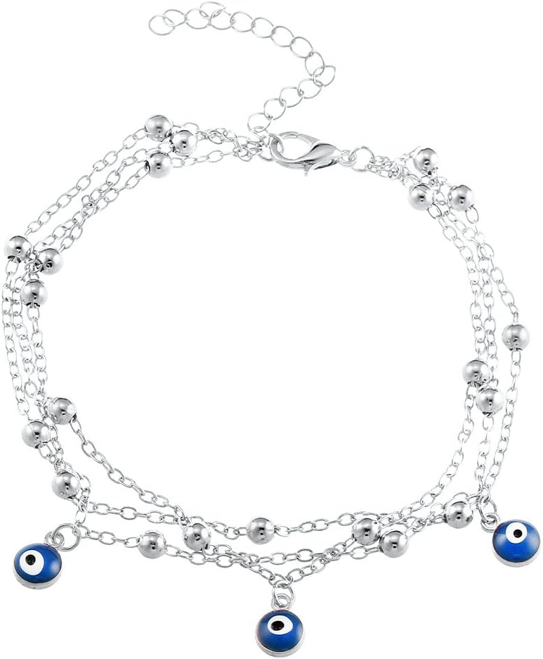 Blue Turkey Evil Eyes Charm Beach Tassel Ankle Bracelets Silver Plated Multilevel One Set Adjustable Anklet Bracelet