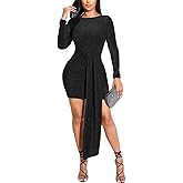 Women's Casual Round Neck Long Sleeve Night Club Party Sexy Sparkly Bodycon Wrap Mini Dress
