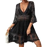 Bsubseach Women Lace Swimsuit Cover Up Bathing Suit Coverups V-Neck Swimwear Beach Vacation Dress