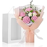Foyucool Crochet Flowers Bouquet, Handmade Knitted Rose Bouquet with Gift Bag for Home Deocor, Crocheted Finished Flower for Wedding, Mother's Day, Teachers' Day and Valentine's Day, Pink White