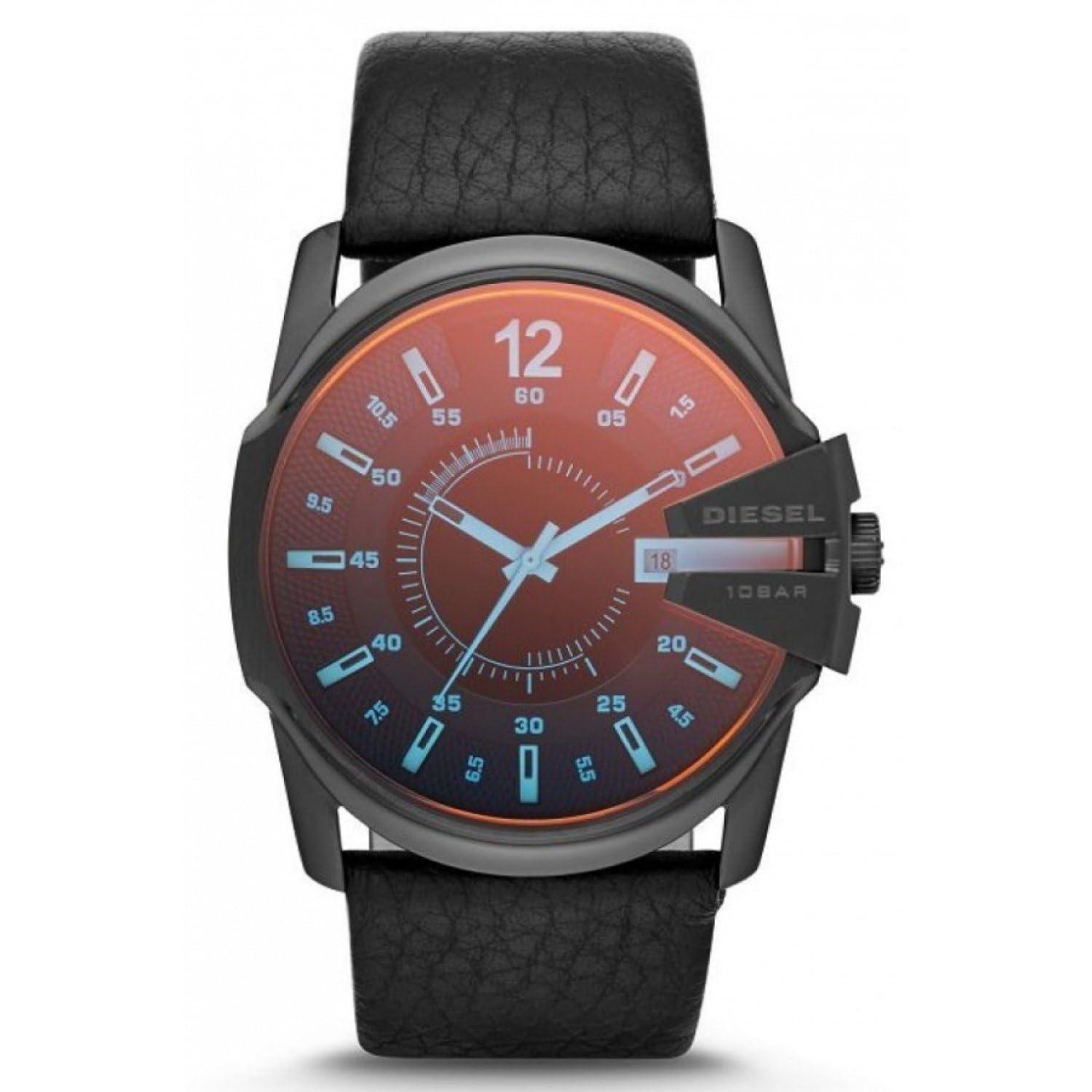 Diesel Watch for Men Master Chief, Two Hand Date Movement, 45 mm Black Stainless Steel Case with a Leather Strap, DZ1657