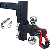 REDTEE Adjustable Trailer Hitch with 2 inch Receiver, 7 inch Drop/Rise Tow Hitch with D Ring Shackle for Trucks, 2 & 2-5/16 Inch Dual Balls 6000 lbs/10000 lbs, Matte Black and Chromed Balls
