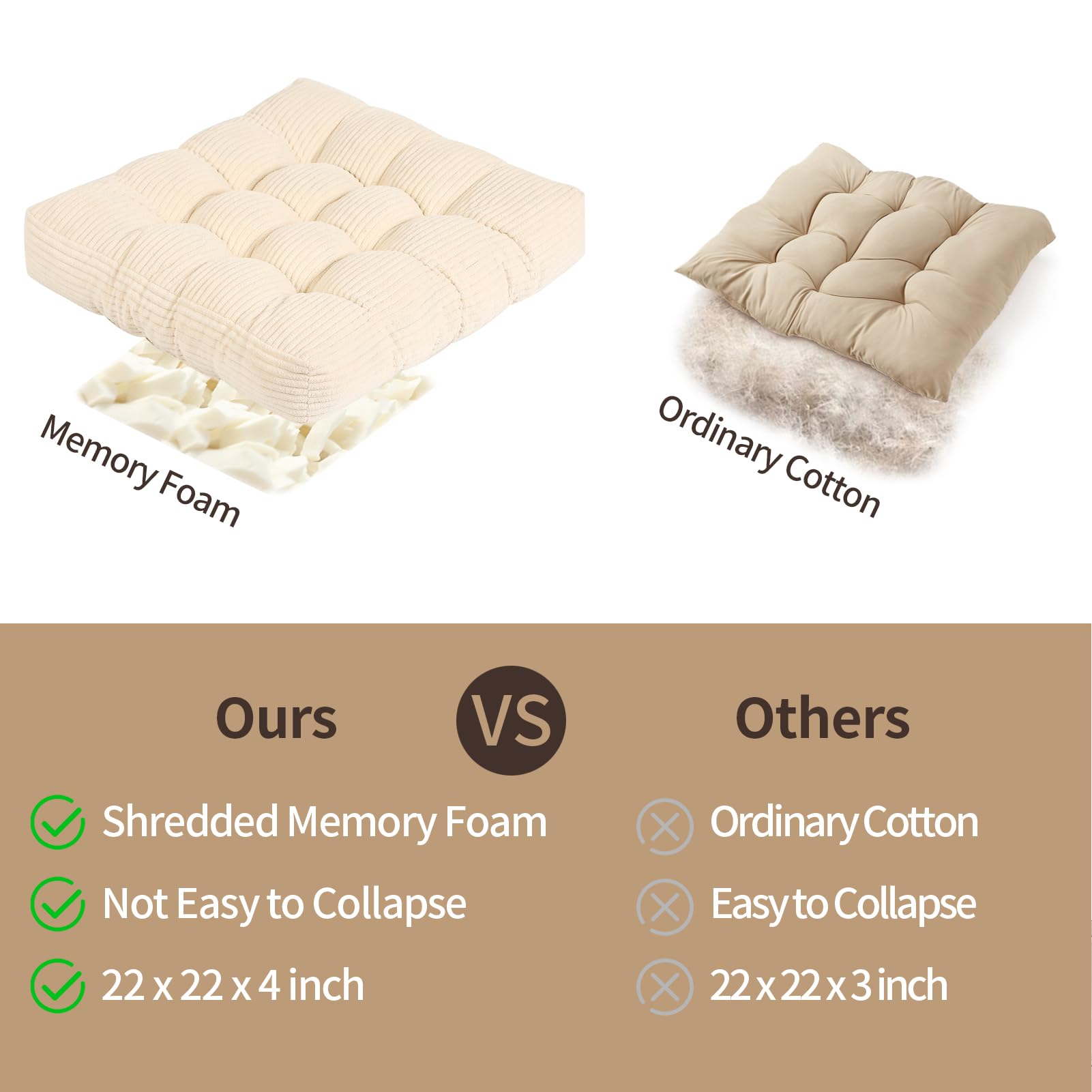 LOVMOC 22 inches Meditation Pillow, Square Large Floor Cushions for Adults, Thick Corduroy Floor Pillows for Sitting, Yoga, Living Room, Sofa, Tatami, Beige - Image 5