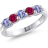 Gem Stone King 925 Sterling Silver Blue Tanzanite and Red Created Ruby Wedding-Bands Ring For Women | 1.04 Cttw | Round 3.5MM | Gemstone December Birthstone