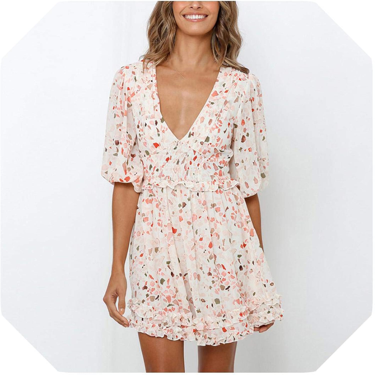 Summer Dresses Plus Size Print Mini Dress Women Sexy Deep V Neck Pleated Dresses