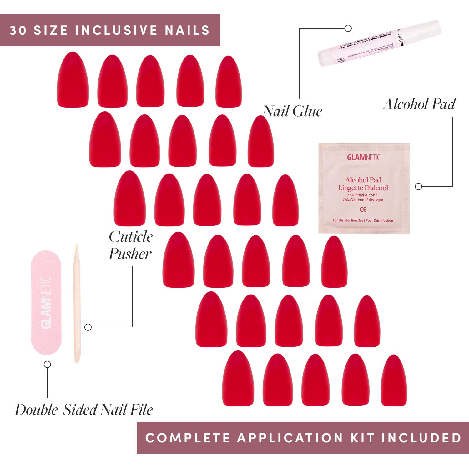 Glamnetic Press On Nails - Fiery Red | Opaque Bright Red Short Almond Fake Nails, Reusable | 15 Sizes - 30 Nail Kit - Image 4