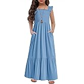 HOSIKA Girls Summer Sundress Casual Sleeveless Smocked Aline Flowy Tiered Maxi Boho Beach Dress with Pockets 6-12Y