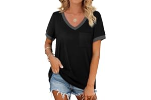 Geifa Womens T Shirts Short Sleeve V Neck Loose Casual Summer Tops with Pocket