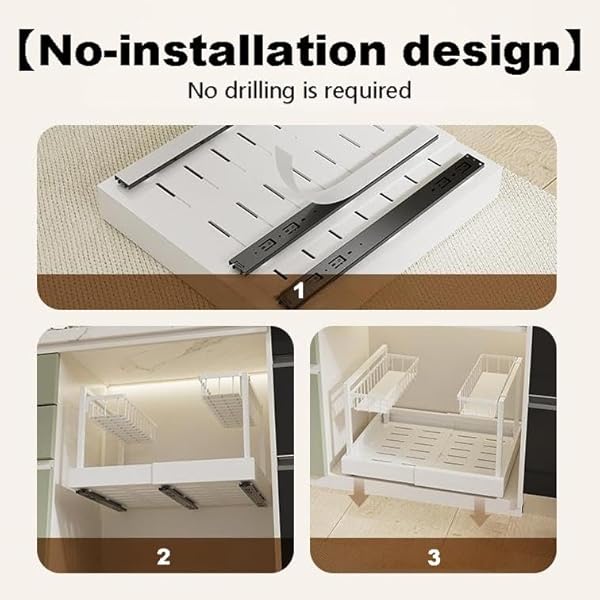 UNDER CABINET ORGANIZER RACK, WHITE METAL 2-TIER STORAGE SHELF, EXPANDABLE 32-52CM WIDTH, MODERN STYLE, KITCHEN COUNTER ORGANIZATION WITH HARDWARE