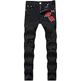 Nutriangee Men's Floral Jeans, Ripped Skinny Distressed Destroyed Slim Fit Stretch Rose Embroidered Pants