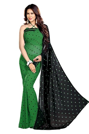 Womens Faux Georgette Dots Prints Half & Half Fancy Saree With Un-Stitched Blouse Piece (7466-Green, Black-6.3 meters)
