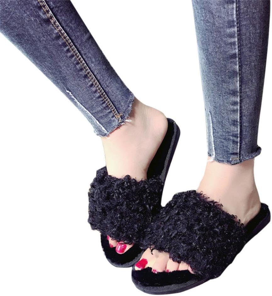 Sinwo Womens Ladies Indoor Outdoor Slip On Sliders Fluffy Faux Fur Flat Slippers Flip Flop Sandals