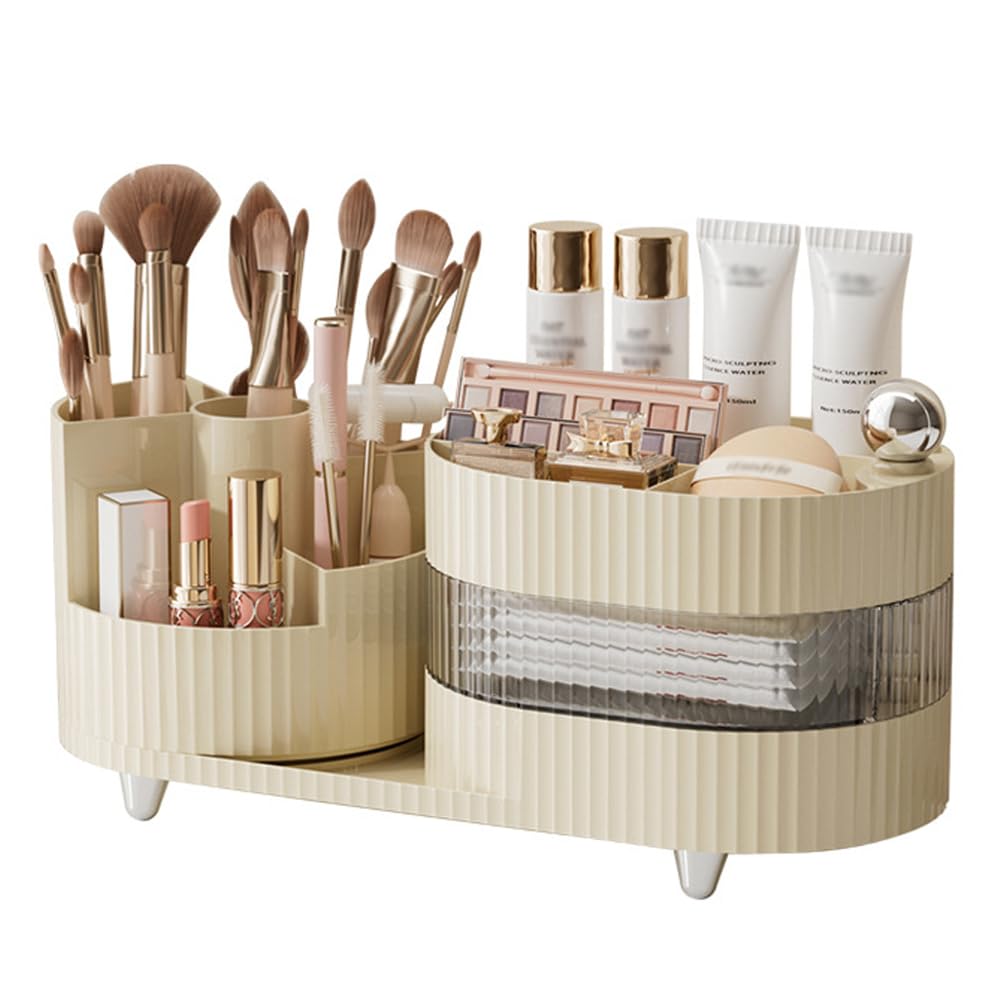 NUODWELL Makeup Organiser, Cosmetics Storage Box with 360°Rotating Makeup Brush Holder, Dressing Table Organiser for Bathroom, Bedroom (Cream White)