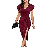 ihot 2026 Women's Sexy V Neck Ruffle Sleeve Side Slit Ruched Bodycon Faux Wrap Cocktail Party Wedding Guest Midi Dress