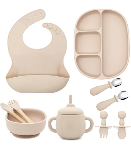 Set Repas Bébé 8 En 1 - Assiette Ventouse + Bol + Couverts + Bavoir - Silicone Alimentaire - Sécurité Et Facile à Nettoyer