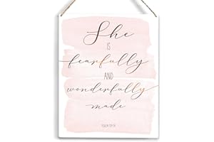 YCYD Inspirational She is Fearfully and Wonderfully Made Bible Verse Wood Sign Rustic Psalm 139:14 Flowers Christian Wooden Hanging Plaque for Home Wall Art Decoration 8 x 10 Inches Present