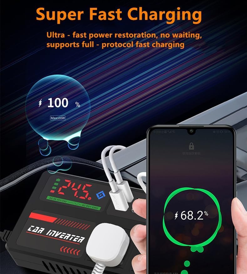 200W Car Power Inverter, DC 12/24V to 220V AC Converter with 3 USB 2 Type-C Ports, LED Screen Display, Switch Control for Cars SUV Truck