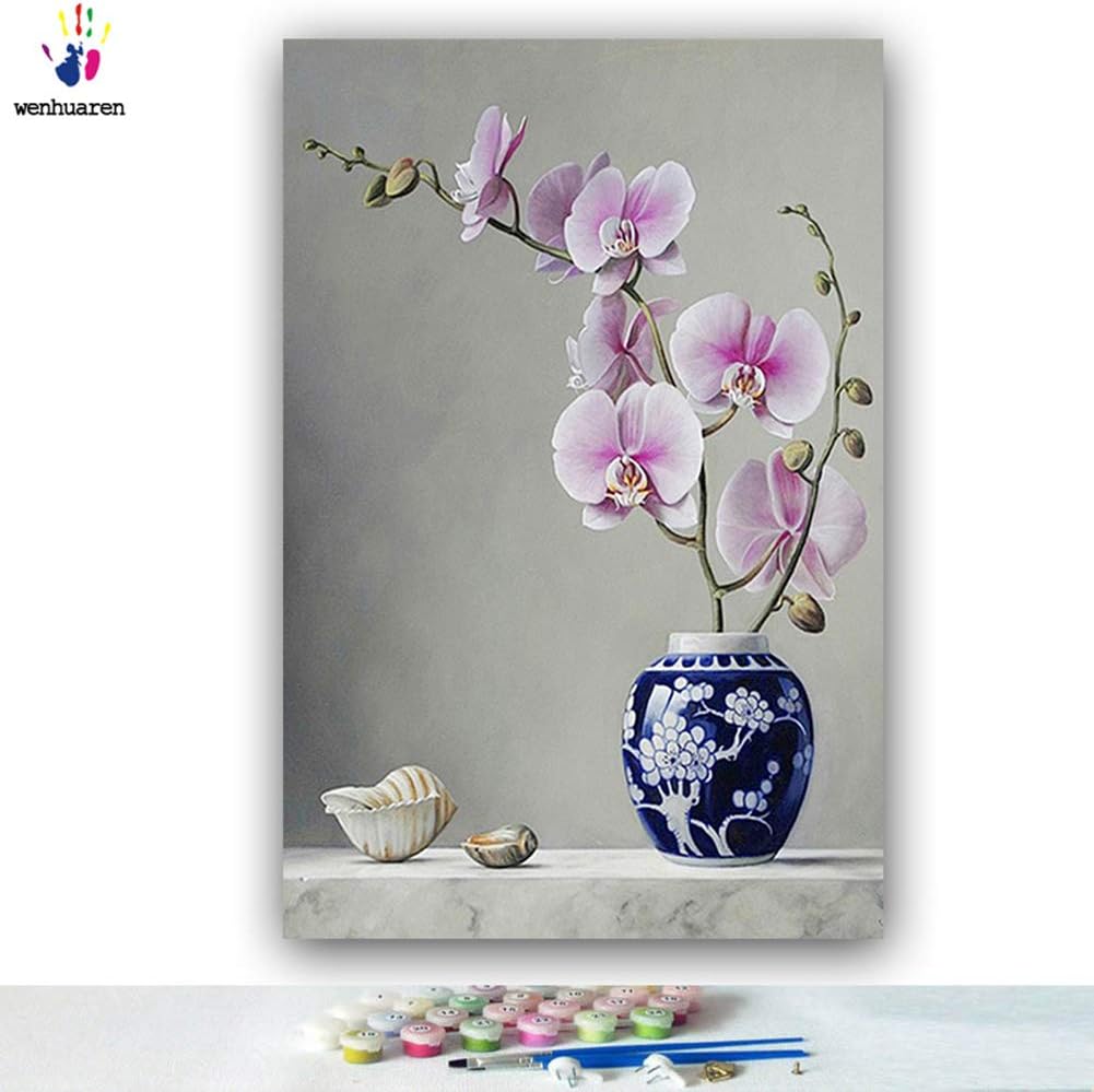 Paint by Number Kits Canvas DIY Oil Painting for Kids, Students, Adults Beginner with Brushes and Acrylic Pigment -Vase Flower Arrangement Rose Orchid Tulip (1008, 12x18 no Frame)