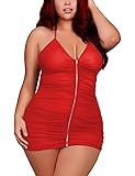 Plus Size Sheer Stretch Mesh Babydoll Dress Zipper Shirring Halter Chemise Curvy Sexy Lingerie for Women