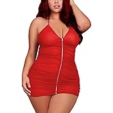 Plus Size Sheer Stretch Mesh Babydoll Dress Zipper Shirring Halter Chemise Curvy Sexy Lingerie for Women