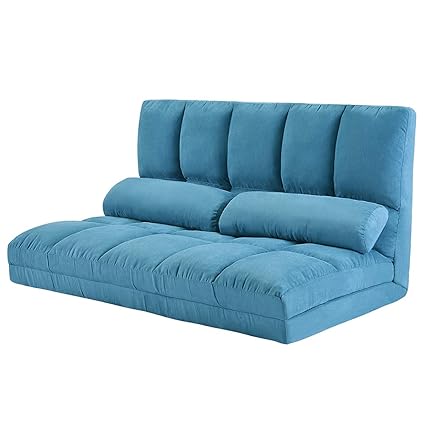 Double Chaise Lounge Sofa Chair Floor Couch With Two Pillows Blue