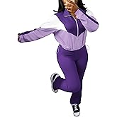 Ophestin Women 2 Piece Outfits Sweatsuits Color Block Long Sleeve Zip Up Cropped Jacket Jogger Pant Set Tracksuits