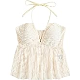 SHENHE Women's Tie Halter Neck Backless Ruffle Hem Sexy Peplum Crop Top Sleeveless Top