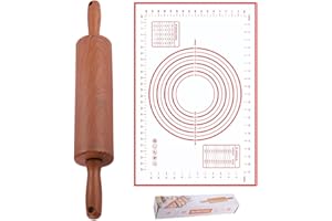 Classic Wood Rolling Pin，Wooden Rolling Pins for Baking，Wooden Rolling Pin with Silicone Baking Pad，17.1" Classic Rolling Pin