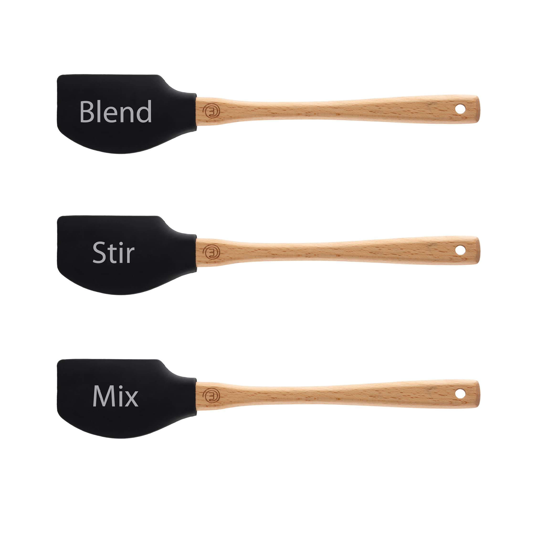 MasterChef Silicone Spatulas for Cooking & Baking, Set of 3 Heat Resistant Kitchen Utensils with Wooden Handles & Black Rubber Head with Printed Captions, Soft & Non Scratch on Non Stick Pans
