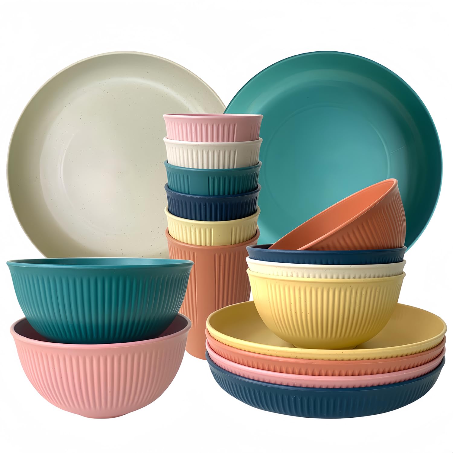 Camping Plates, Unbreakable Dinner Sets for 6, 18 Pcs Plastic Picnic Set for Party, Home & Picnic, Lightweight Microwave & Dishwasher Safe Camping Cutlery for Kids and Elderly (Color)