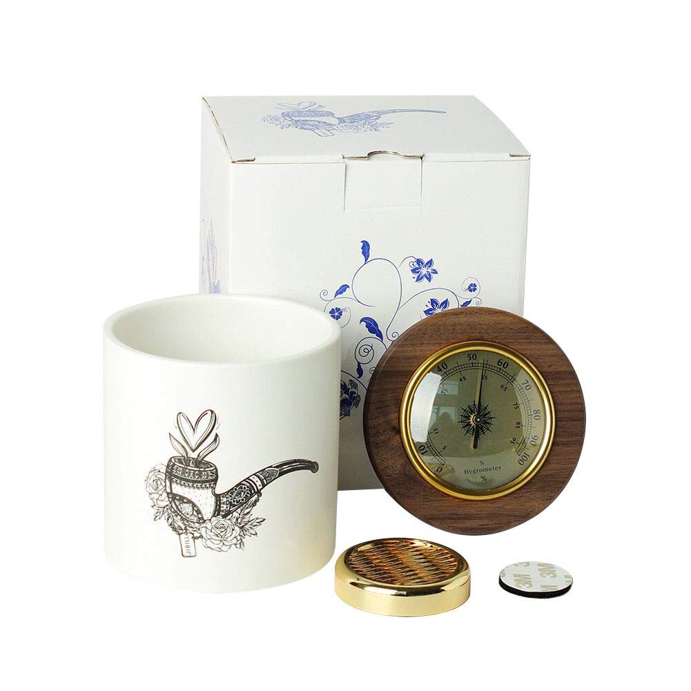 JIBILL Ceramic Tobacco Jar Cigar Humidor Airtight Storage Jar with Lid Black Walnut Smell Proof for Tea Coffee Bean Candy - Integrated Hygrometer and Humidifier (CG0016)