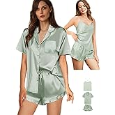 WJing Yi Jia Womens 3Pcs Satin Pajamas Set Ruffle Silk Pajama Sets XS-4XL Sexy Camisole Silky Sleepwear Loungewear Pj Sets