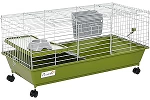 PawHut 35" L Small Animal Cage, Rolling Bunny Cage, Guinea Pig Cage with Food Dish, Water Bottle, Hay Feeder, Platform, Ramp for Chinchilla, Green