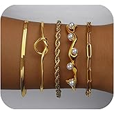 KHKINDPRO 5PC Gold Bracelet Sets for Women,Dainty 14K Gold Plated Bangle Cuff Bracelets Stack for Women Pearl Bracelet Gold Jewelry Trendy Gifts Adjustable