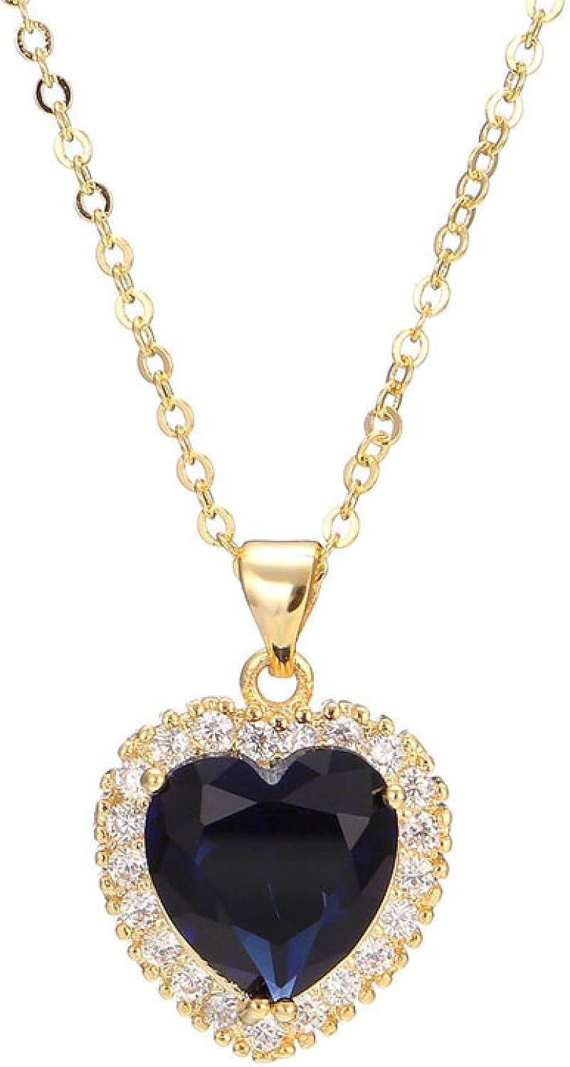 Romantic Simple Inlaid Blue HeartShaped Pendant Necklace Women's Love