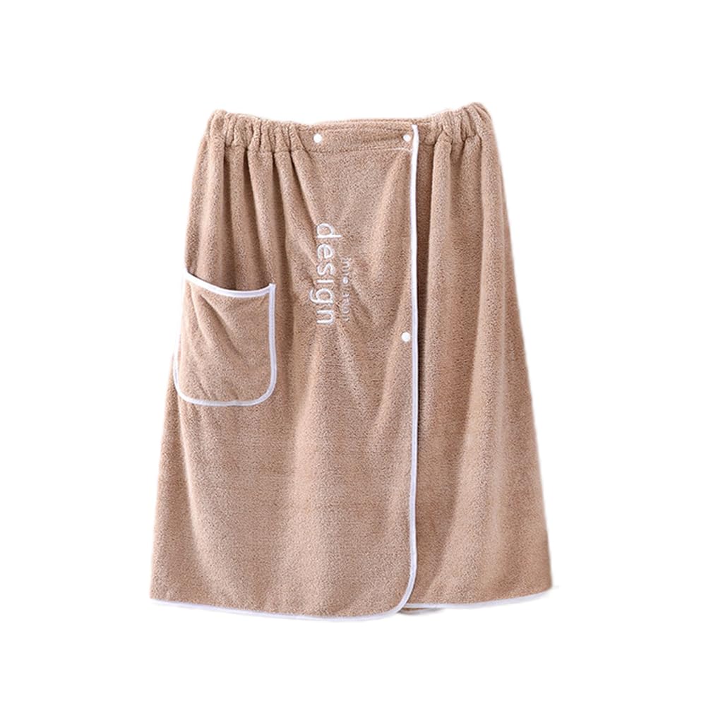 FakeFace Men's Bath Towel Wrap Wearable Towel Skirt with Pocket Adjustable Coral Fleece Absorbent Bathing Towel Cover Up Bathrobe Spa Shower Sauna Swimming Beach Gym (Khaki)