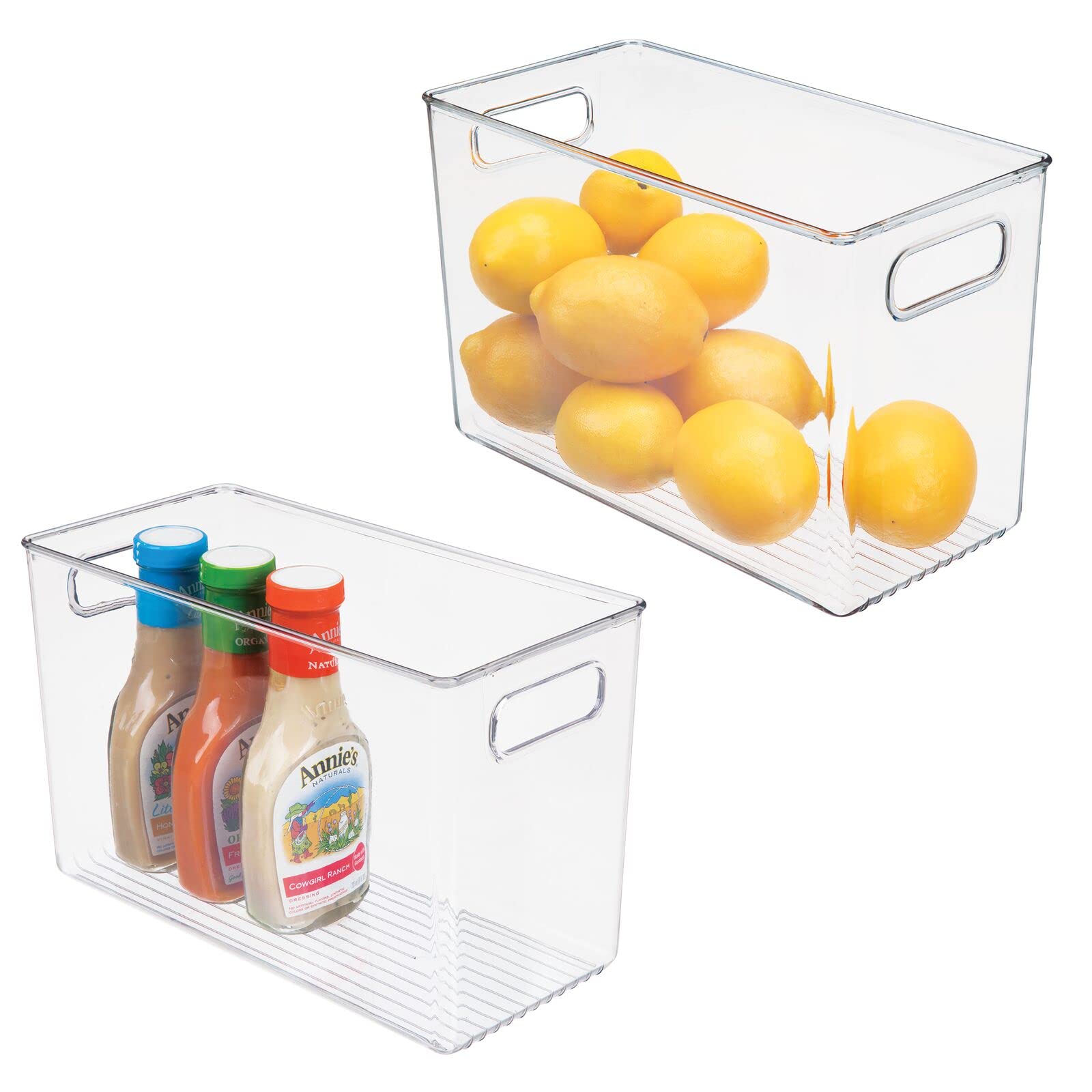 Photo 1 of mDesign Plastic Storage Box – Narrow Open-Top Fridge Organiser Tray with Handle – Can Be Used as Fridge Tray, Shelf Box or for Cupboard Storage – Pack of 2 — Clear