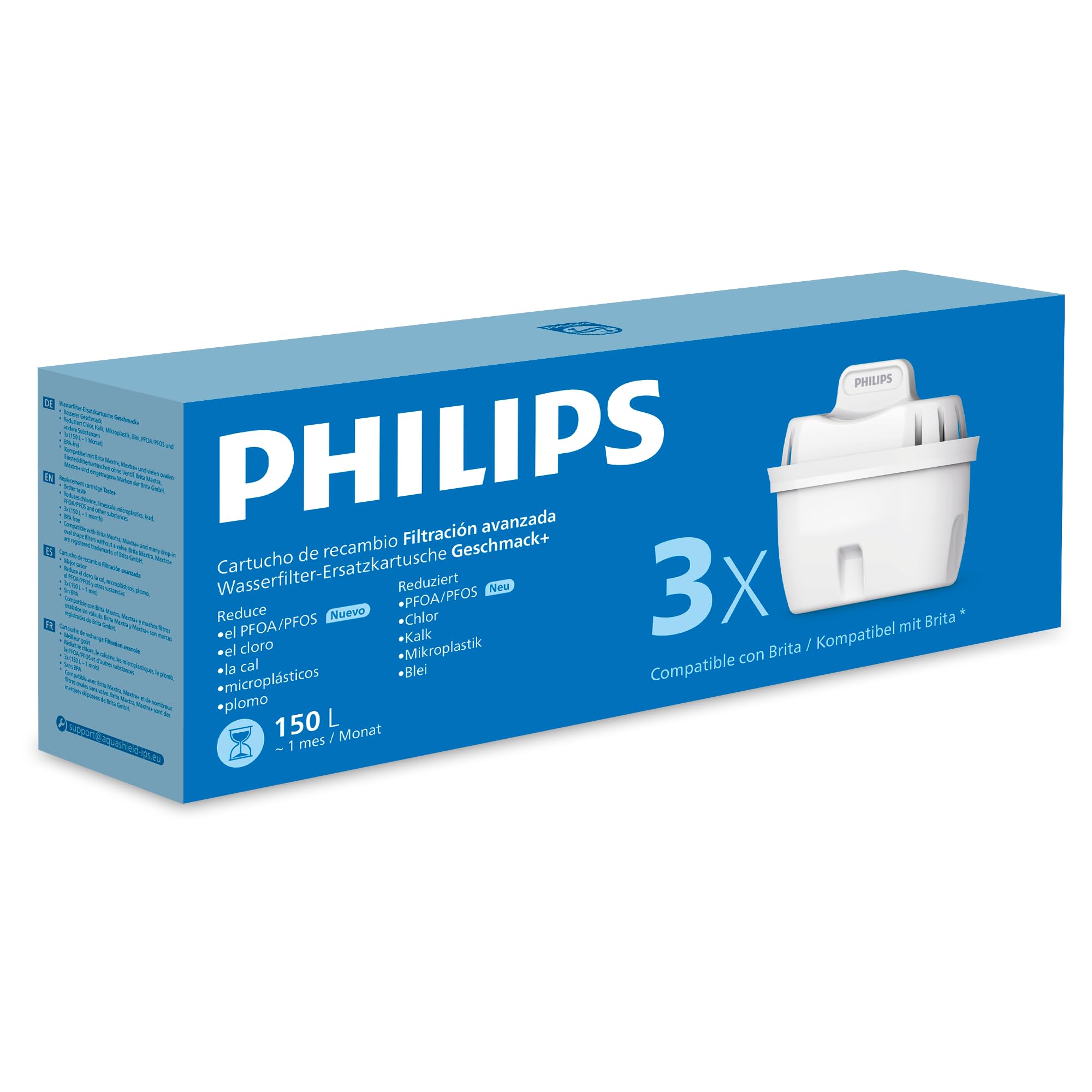 Philips Water Replacement Filter Cartridges Taste+, 3-Pack, Reduces MICROPLASTICS, Chlorine, LIMESCALE, Heavy Metals, Packaging May Vary, Compatible with Brita* — image 1