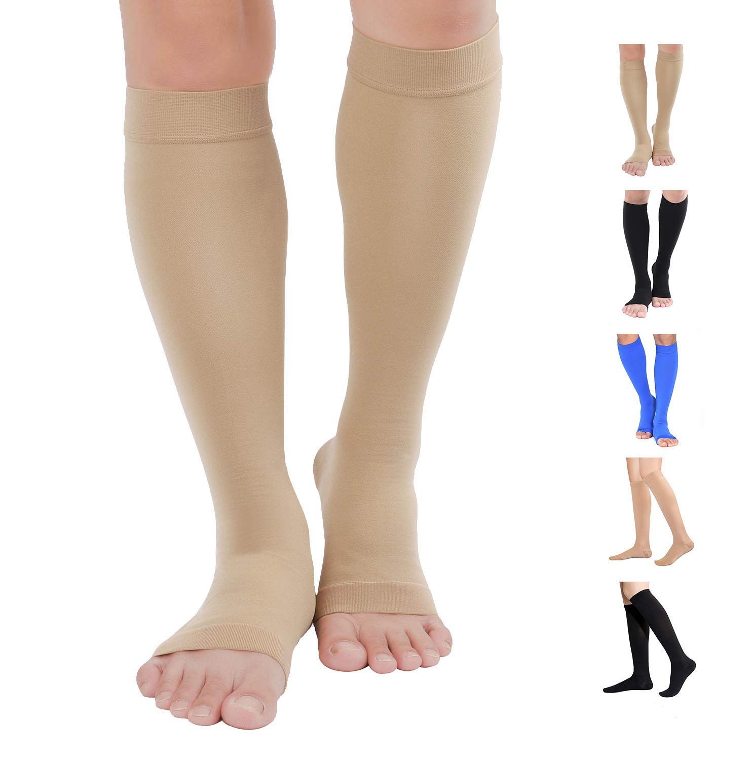 TOFLY® Compression Stockings (Pair), Medical Grade Firm Support 20-30mmHg, Opaque, Unisex, Open Toe Knee High Compression Socks for Varicose Veins, Edema, Shin Splints, Nursing, Travel, Beige 3XL