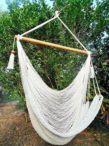Hammock Chair with white cotton and wood - Hand-woven Large Premium HAMMOCK CHAIR - Hanging Rope Swing - Hangs Indoors Or Outdoors - No Hammock Stand is needed.