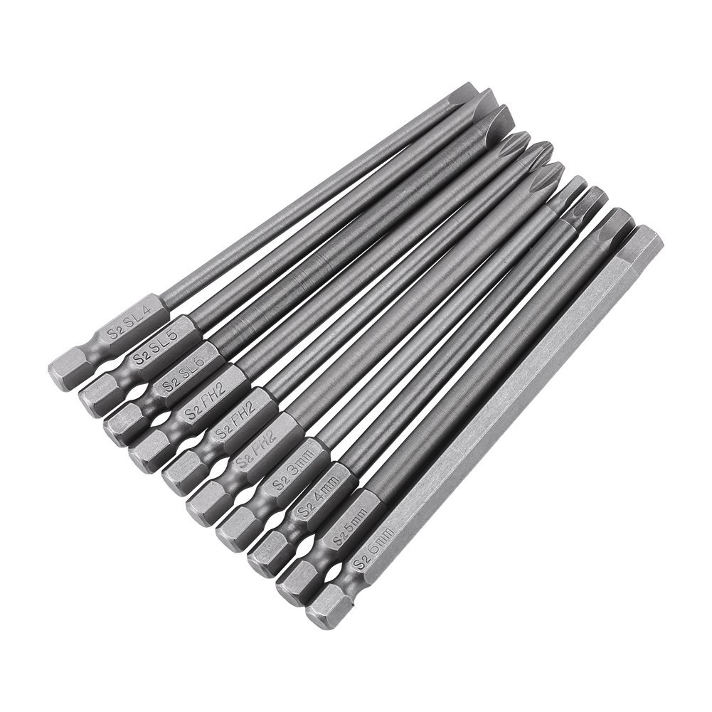 Hilitand 10pcs 1/4" Hex Shank, Alloy Tool Steel Magnetic BST Screwdriver 100mm Long Tools Set –Slotted,Cross,Hex Head (100mm,H3-H6,1/4,10pcs)